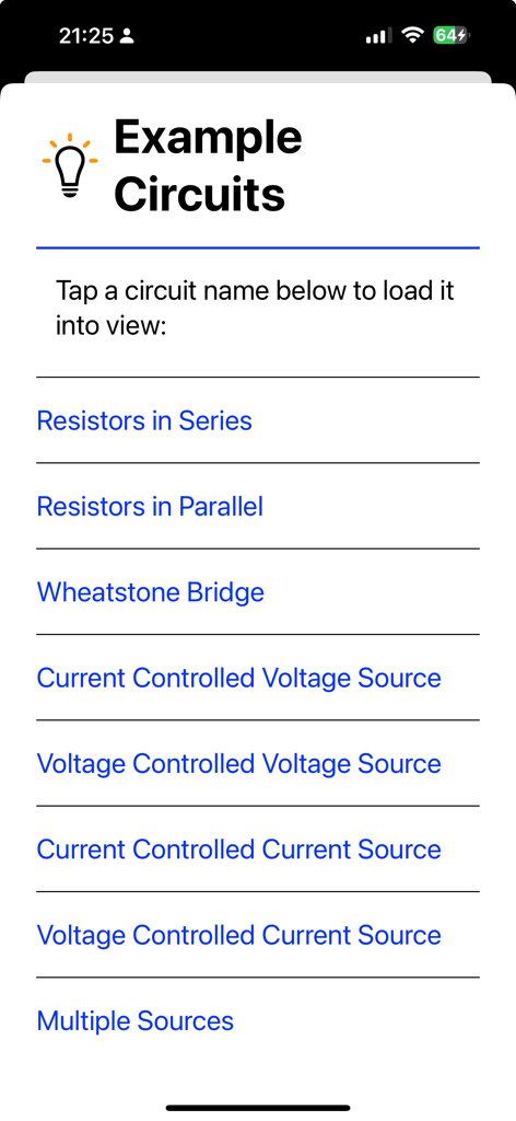 Eine Liste vorgefertigter Beispielschaltungen, die in der Circuit Calculator App verfügbar sind, für schnelle Referenz und zum Lernen.