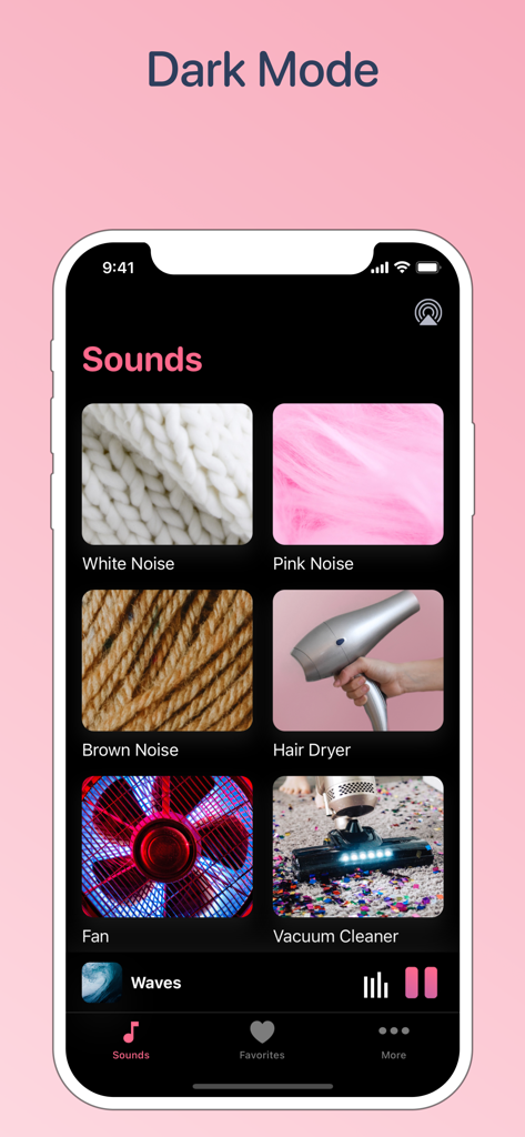 White noise generator, pink - White noise app interface in dark mode showing various sound options like pink noise and hair dryer for baby sleep
