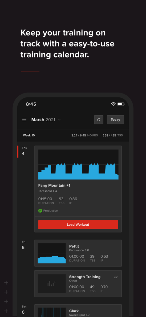 TrainerRoad mobile app displaying a detailed weekly training calendar with scheduled cycling workouts and performance metrics