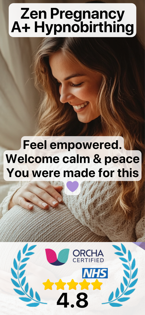 Zen Pregnancy Hypnobirthing App Bildschirm mit lächelnder schwangerer Frau und medizinischen Zertifizierungs-Badges