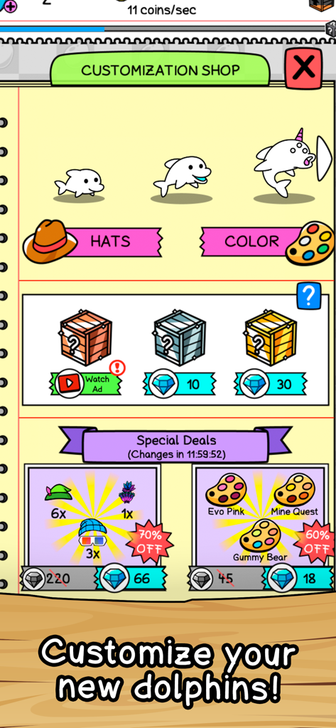Dolphin Evolution - The customization shop in Dolphin Evolution showing options to change dolphin hats and colors