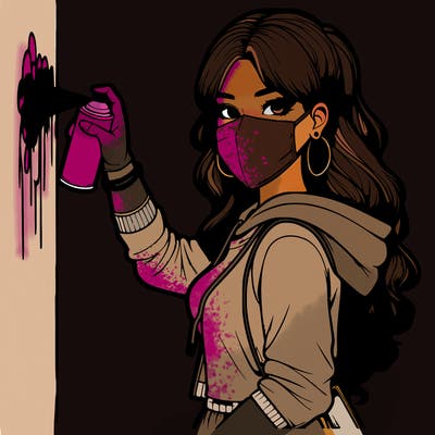 realistic girl with mask spray painting a wall