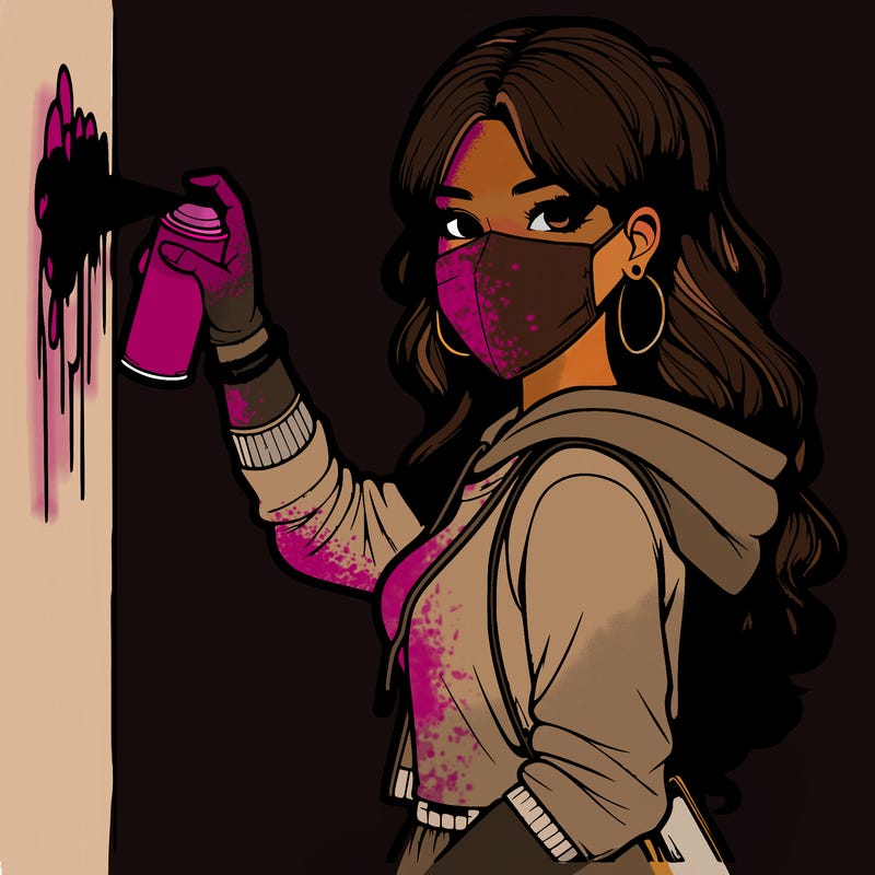 realistic girl with mask spray painting a wall