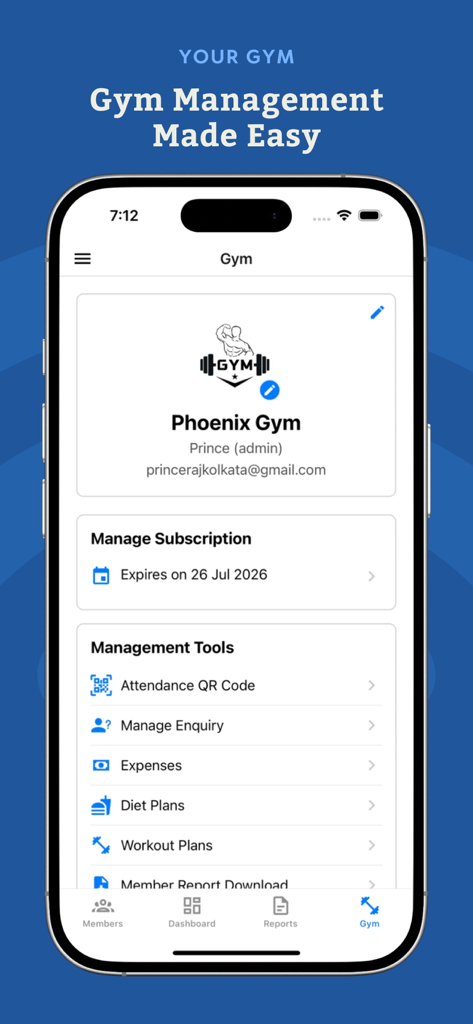 Gymzee : Gym Management App - Gymzee app dashboard displaying Phoenix Gym administration tools including subscription management attendance QR code and expense tracking