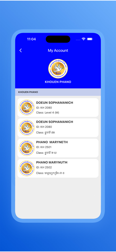 S.I.S - Pantalla Mi Cuenta mostrando varios perfiles de estudiantes con nombres e IDs en la app escolar SIS