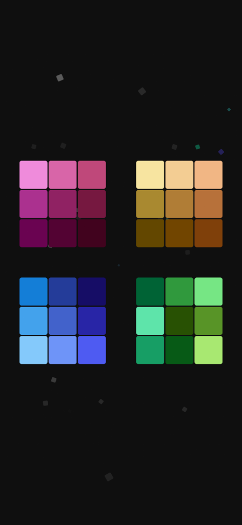 Colorma - Four minimalist 3x3 color grids in shades of pink, yellow, blue, and green on a dark background.