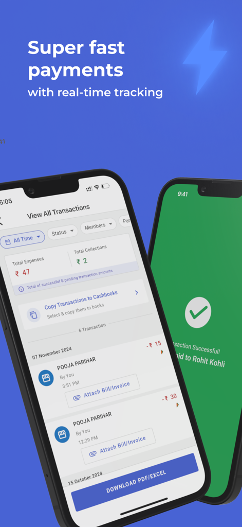 Cash Book - Balance & Expense - Mobile application screens for tracking real-time business payments and transaction history reports.