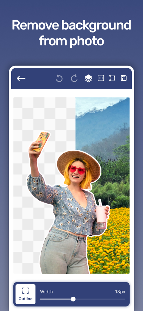 Mobile app interface showing a photo background removal tool for graphic design