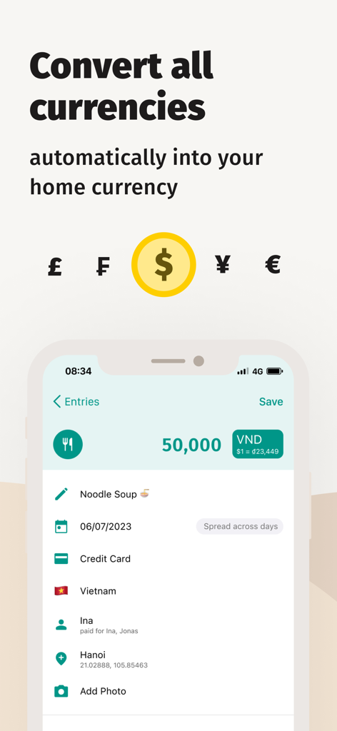 TravelSpend app screen displaying automatic currency conversion from Vietnamese Dong to home currency for a travel expense.