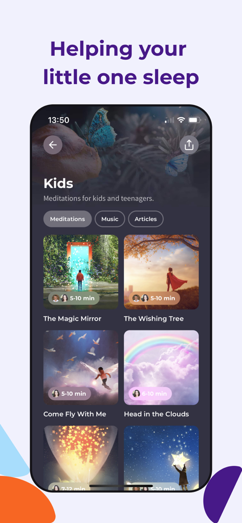 Bibliotheksbildschirm für Kindermeditationen und Schlafgeschichten in der Guided Meditation plus plus App