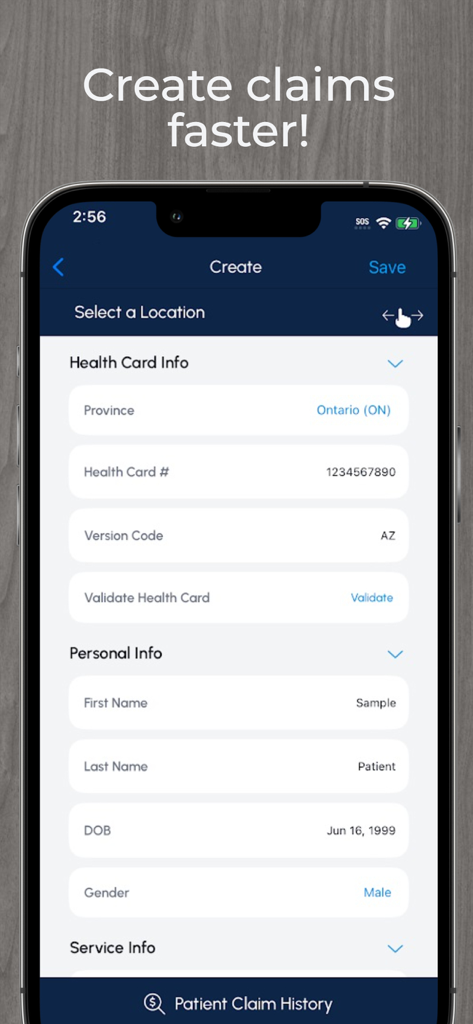 CabMD - Interface for creating an OHIP medical billing claim in the CabMD app showing health card and personal info fields