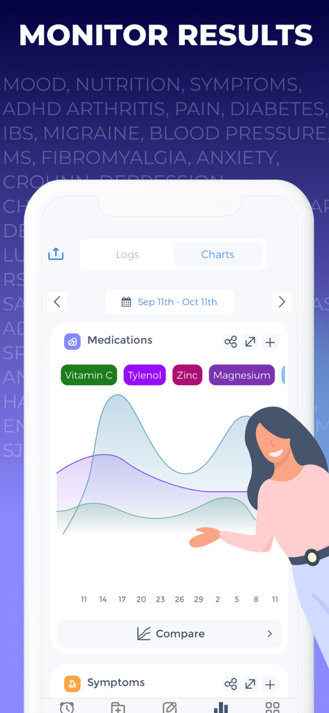 Pill Reminder & Tracker App - Health charts and medication tracking interface on a smartphone screen