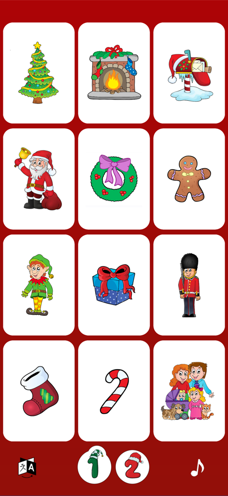 Sound Touch-Christmas (School) - A grid of colorful Christmas cartoon icons including Santa Claus a tree and a gingerbread man for educational learning.