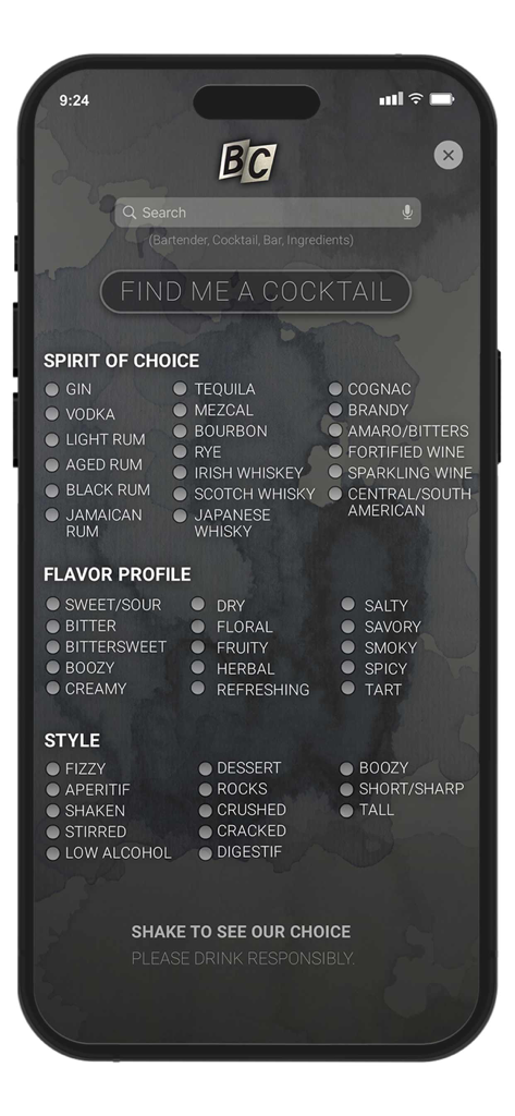 Bartender's Choice Vol.3 - Cocktail search interface showing filters for spirit of choice, flavor profile, and drink style