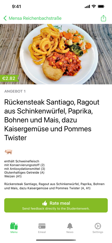 Mensa Dresden - Screenshot of the Mensa Dresden app showing a lunch menu item with its price and ingredients.