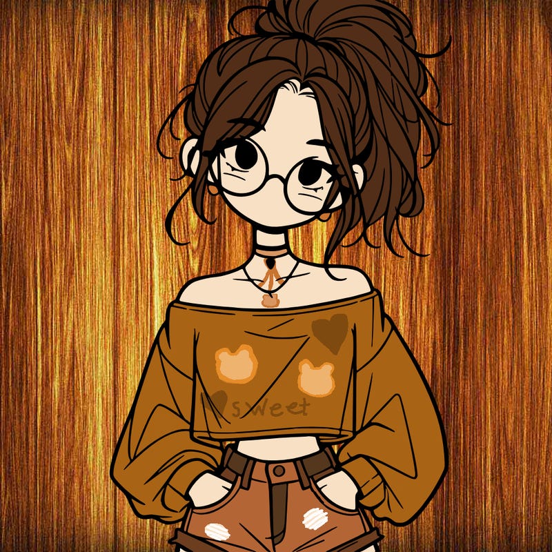 girl with a messy ponytail glasses a baggy crop top and jean shorts