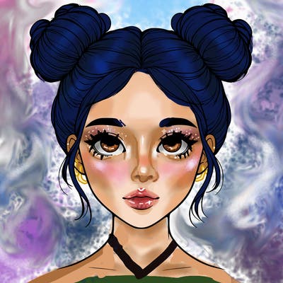 realistic girl with two buns on top of her head