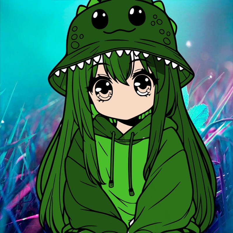 girl with anime shaped eyes with a dinosaur bucket hat oversized sweatshirt long straight hair