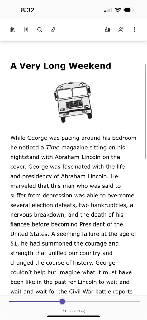 BibliU app interface showing a digital textbook page with text and an illustration of a bus.