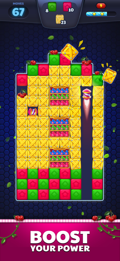 Cubes Empire Champions - Gameplay screenshot of Cubes Empire Champions showing a rocket booster clearing colorful blocks and wooden crates