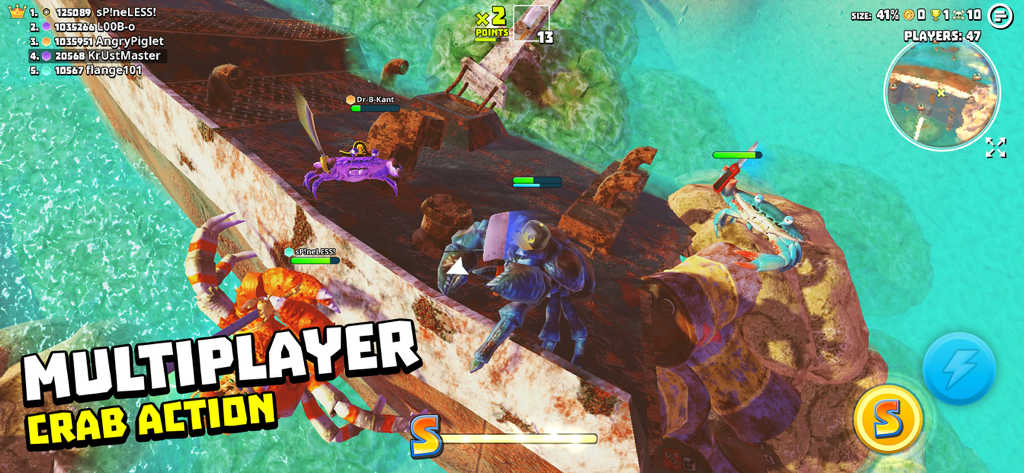 沈没船でのマルチプレイヤーバトルで武器を持ったカニたちが戦っています