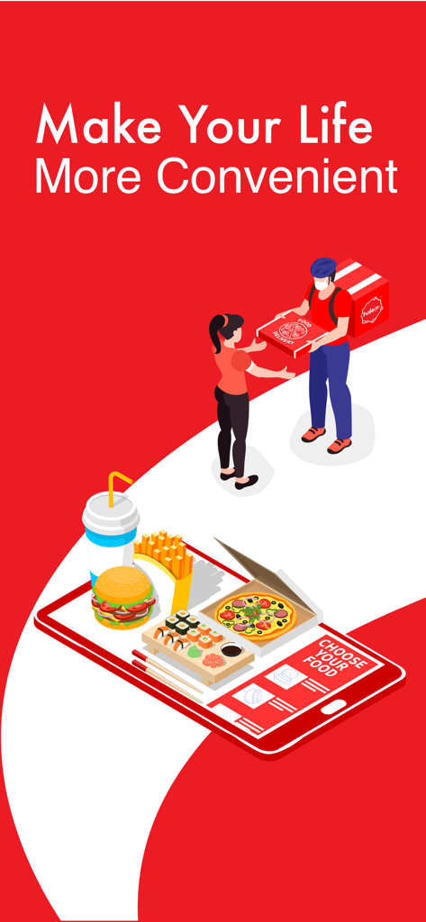 halo delivery - Graphic illustration of a courier delivering food to a customer with various meal options on a smartphone screen