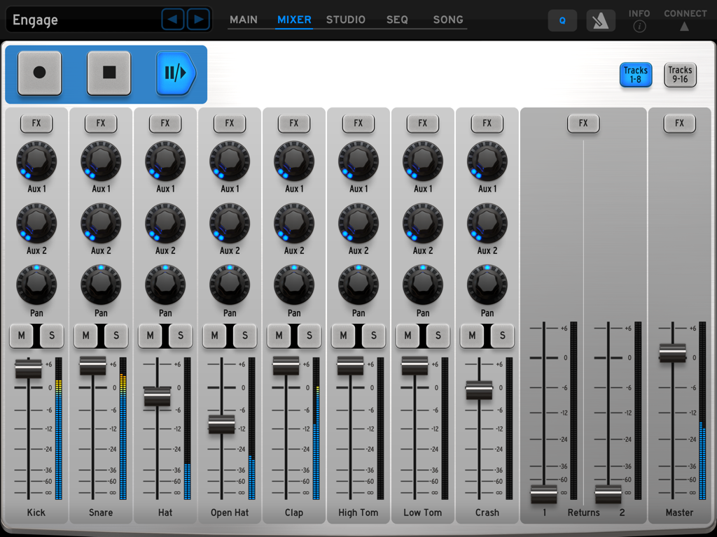 Arturia iSpark - Arturia iSpark mixer screen showing track faders and knobs for drum kits