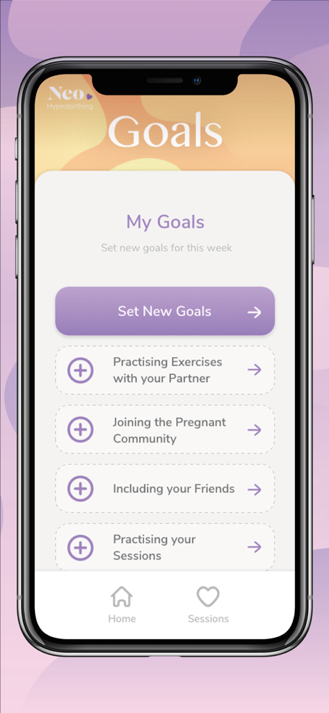 Neo Hypnobirthing - Pantalla de la aplicación móvil Neo Hypnobirthing que muestra la sección de metas semanales con opciones para ejercicios de pareja e involucramiento comunitario.