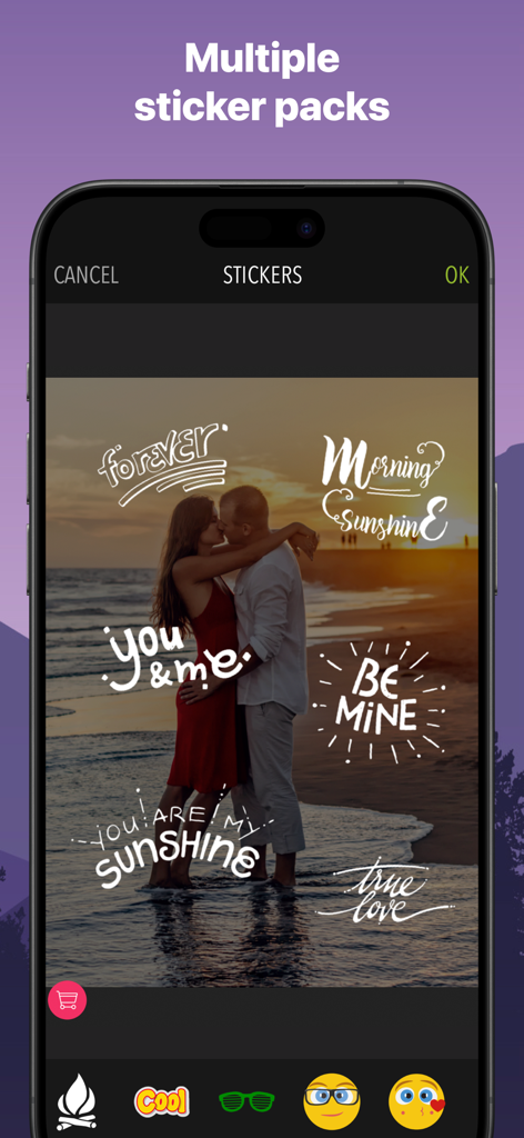 PicPoc - Photo Editor AI - PicPoc app interface showing romantic text stickers like Forever and Be Mine overlaid on a photo of a couple kissing on a beach.