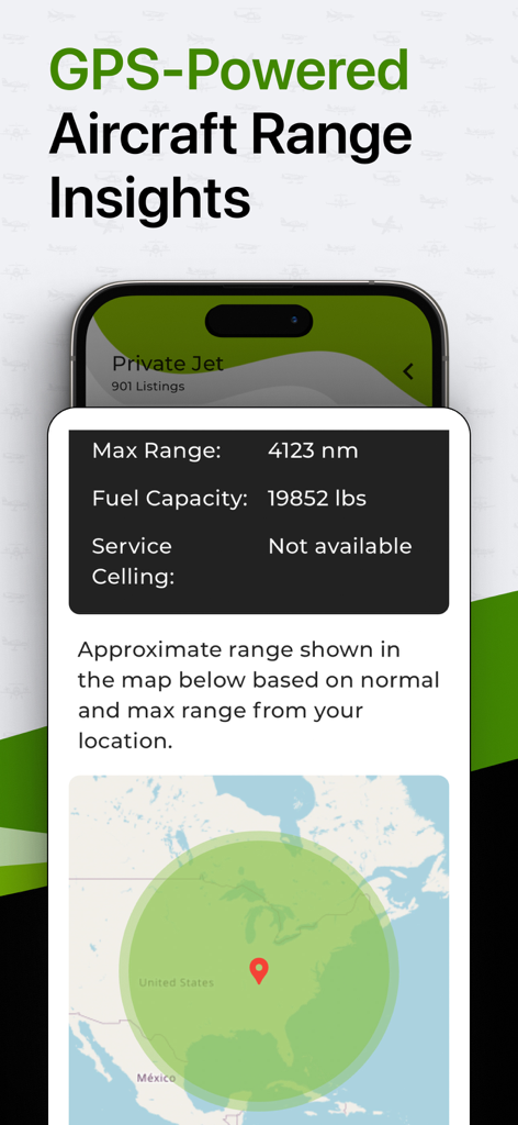 A mobile app screenshot showing a GPS powered map with a green radius indicating the flight range of a private jet across the United States.
