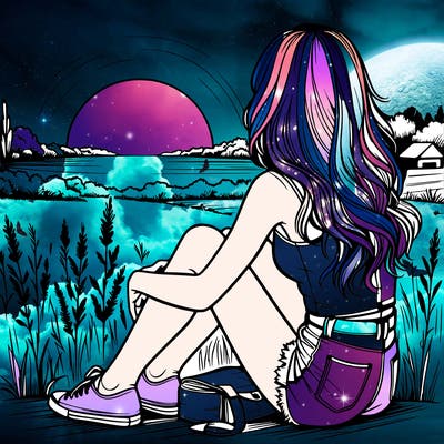 realistic girl sitting and watching the sunset