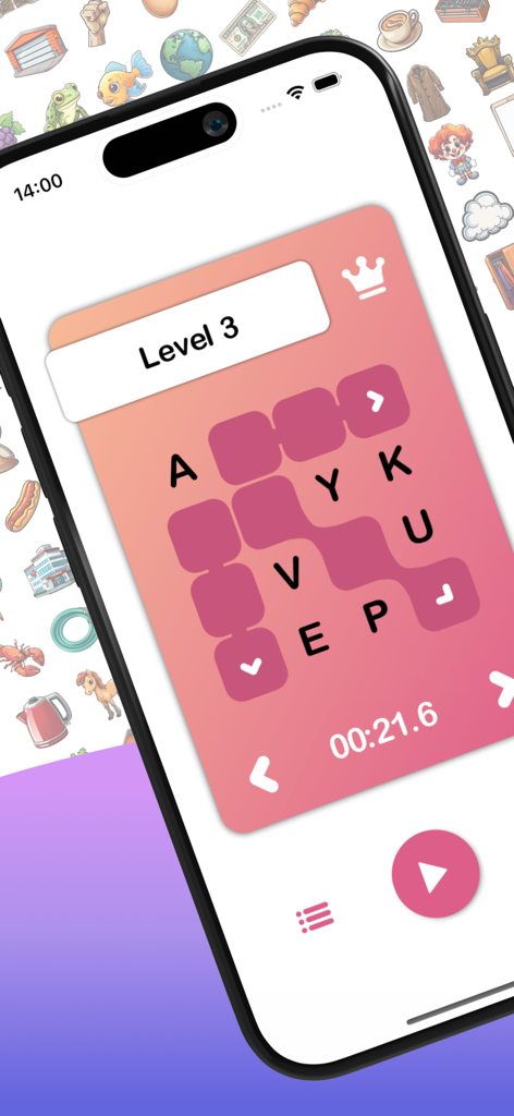 Pics 2 Words - Pantalla de juego de Pics 2 Words mostrando una cuadrícula de letras rosas para el nivel 3 con un temporizador de cuenta atrás