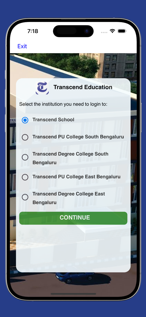 Transcend Education - Pantalla de selección de institución para el inicio de sesión de la aplicación móvil Transcend Education.