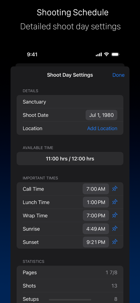 Interfaccia dell'app Shot Lister che mostra le impostazioni di produzione giornaliera, inclusi l'orario di chiamata, l'orario di pranzo e le statistiche delle inquadrature