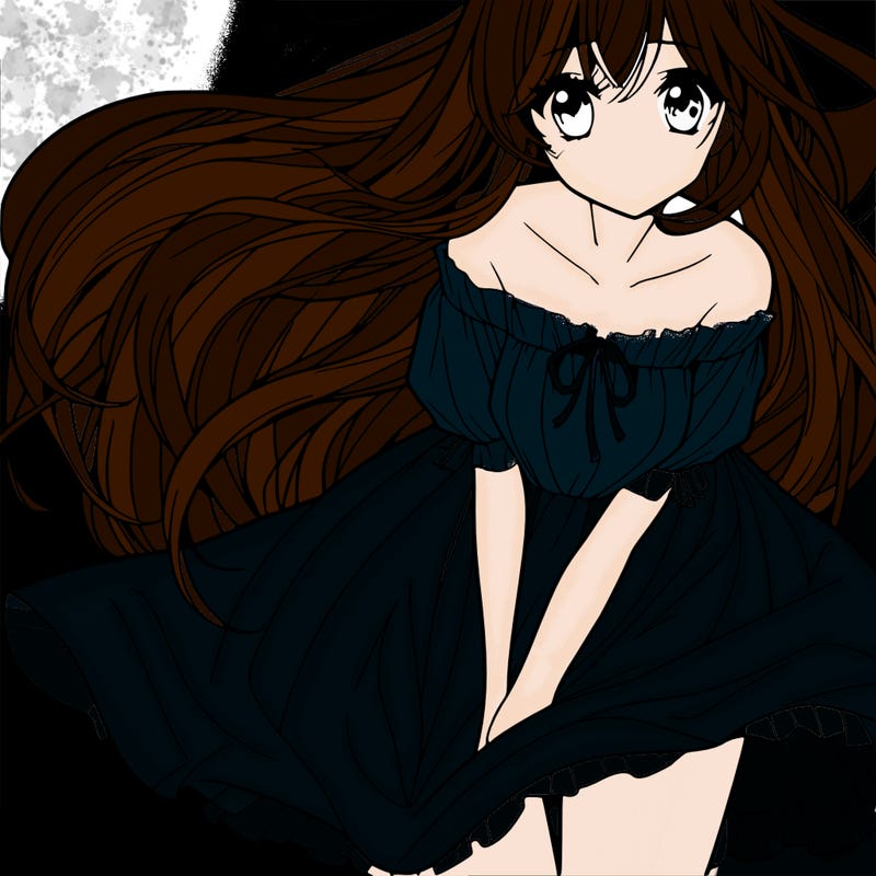 manga girl with long flowing hair and a dress that is pushed down