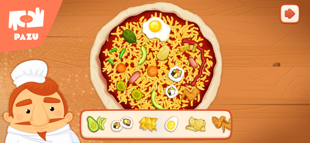 Pizza maker cooking games - Pantalla de un juego creativo de hacer pizzas con un simpático personaje de chef y una pizza cubierta de sushi y nachos