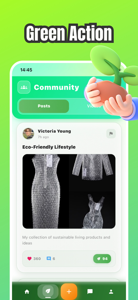 Screenshot of the Lovmii app community feed showing a post about eco friendly lifestyle and sustainable products