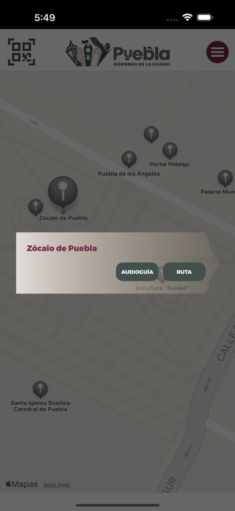 La Ciudad Como Museo - App interface displaying a map of Puebla with location pins and a navigation popup for the Zocalo.