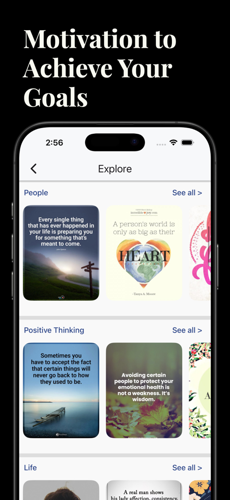 Page d'exploration de l'application Motivational Quotes Daily présentant diverses catégories de citations inspirantes comme Personnes et Pensée Positive