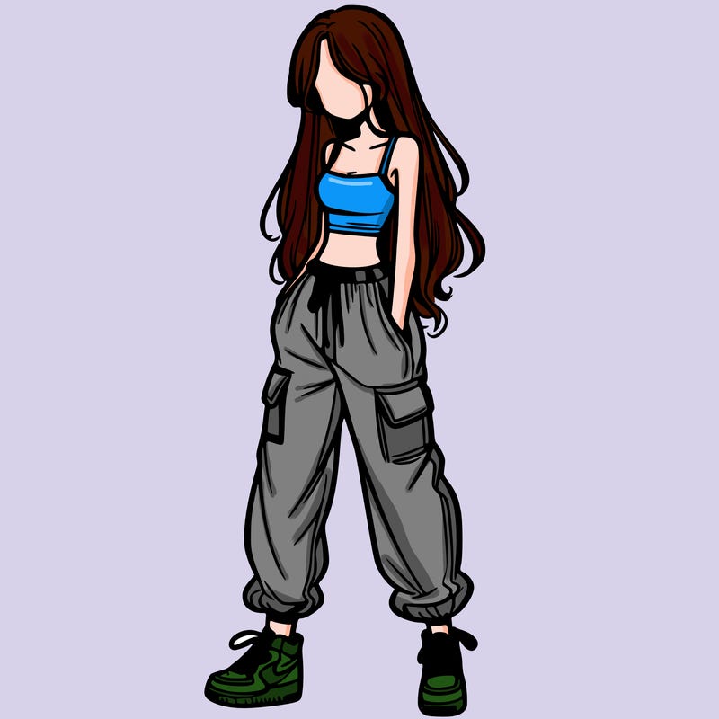 girl in baggy pants crop top and long hair
