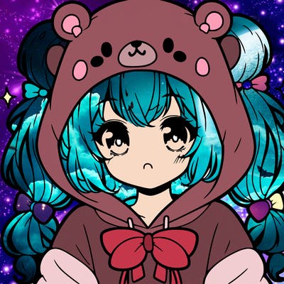 cute anime girl with ponytails in a cute bear hoodie