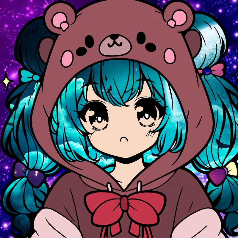 cute anime girl with ponytails in a cute bear hoodie