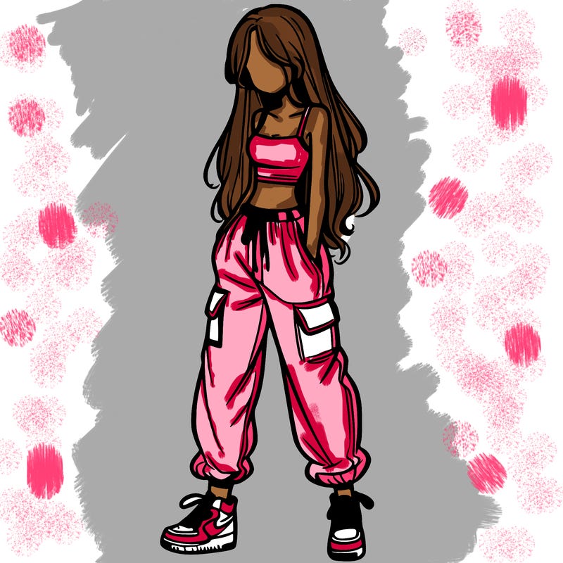 girl in baggy pants crop top and long hair