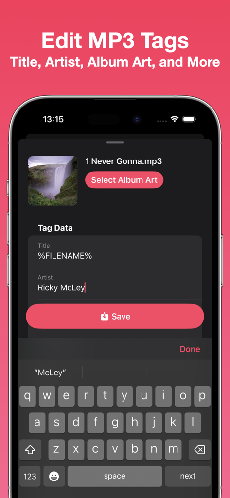 Interfaz del editor de etiquetas MP3 Tunetag para editar metadatos de canciones en iPhone