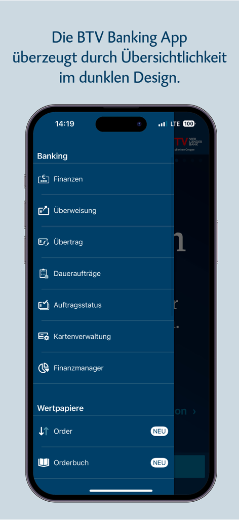 BTV Banking - Menú de navegación de la aplicación BTV Banking en modo oscuro mostrando opciones de finanzas y trading.
