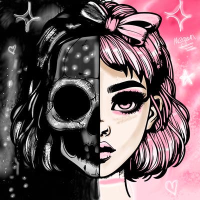 realistic girl with half skull mask