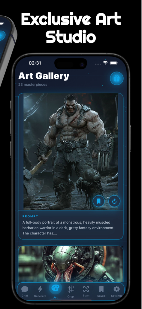 Arena AI Mobile - Arena AI 모바일 앱 인터페이스에 설명 프롬프트와 함께 AI 생성 판타지 아트워크가 있는 아트 갤러리 화면이 표시됩니다.