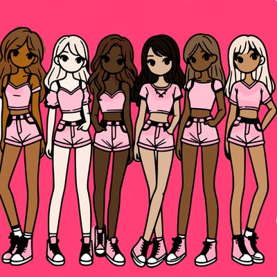 a group of girls wearing crop tops and shorts