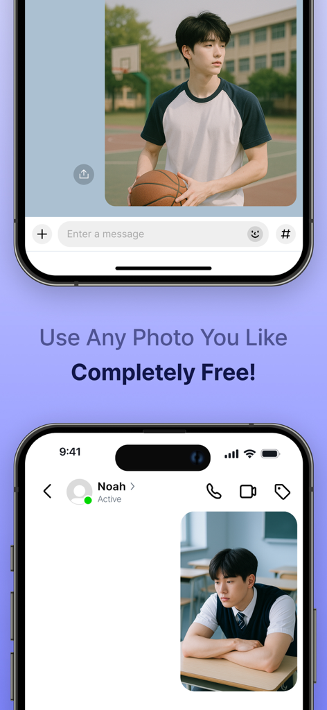 Dos pantallas móviles de la app TalkStory que demuestran cómo añadir fotos personalizadas a una historia de chat falsa.