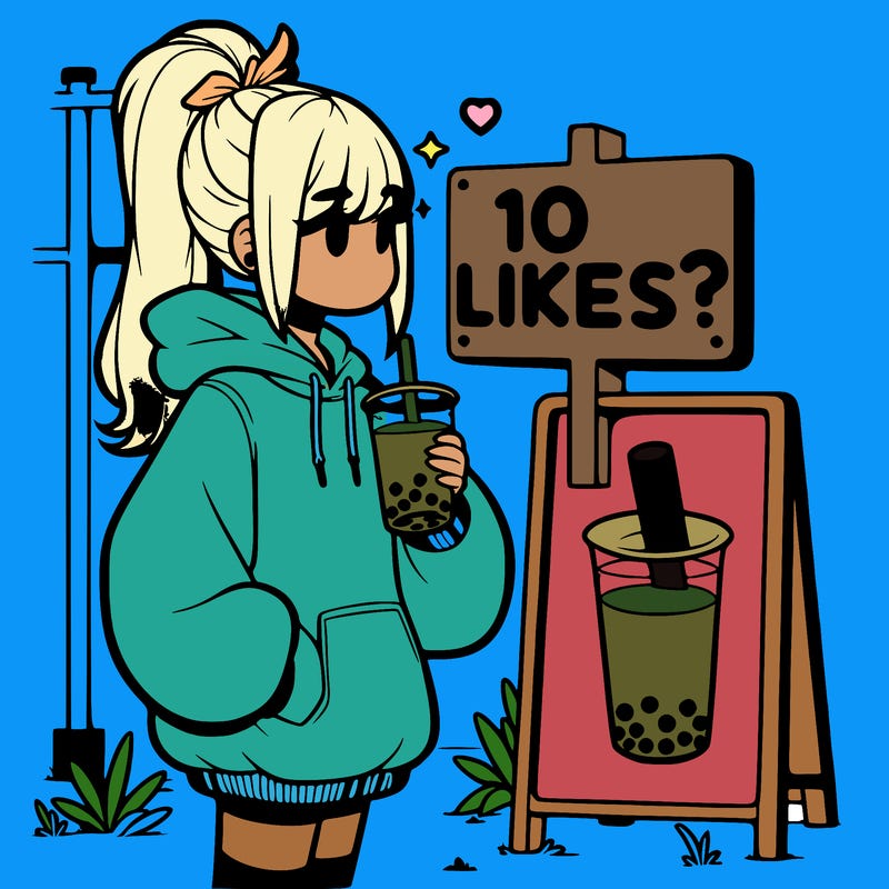 girl with oversized hoodie drinking boba and she has a high ponytail with a sign that says 10likes?
